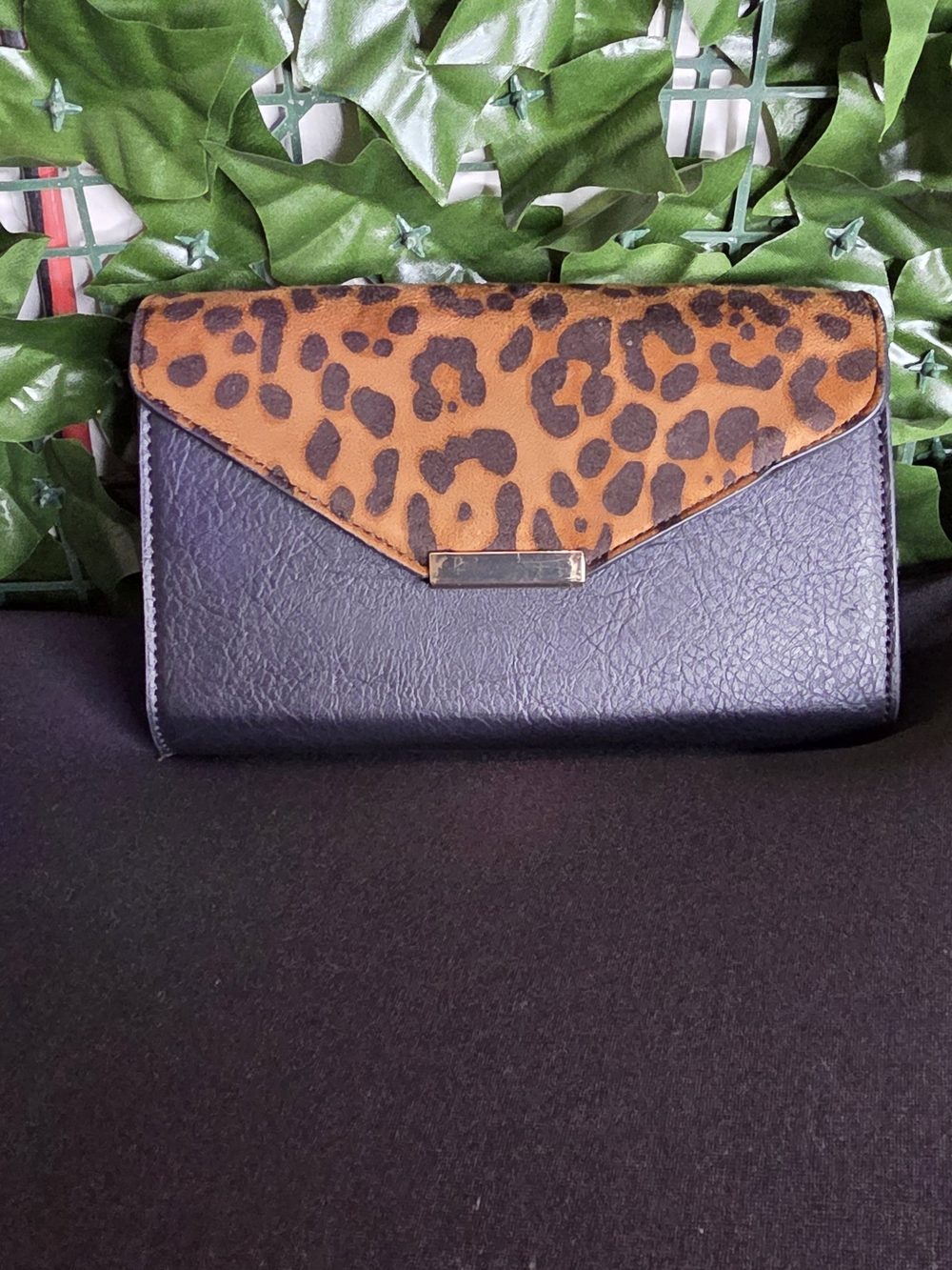 Leopard Accent Black Envelope Clutch W Touch Screen For Easy Cell Access - Women